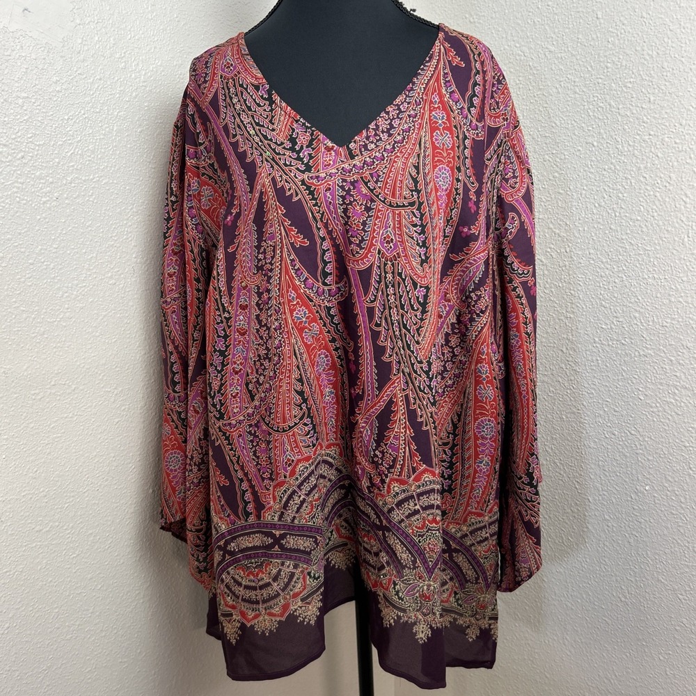 Apostrophe Blouse‎ Women's 2X Burgundy Paisley Beaded Sequined 3/4 Sleeve V Neck